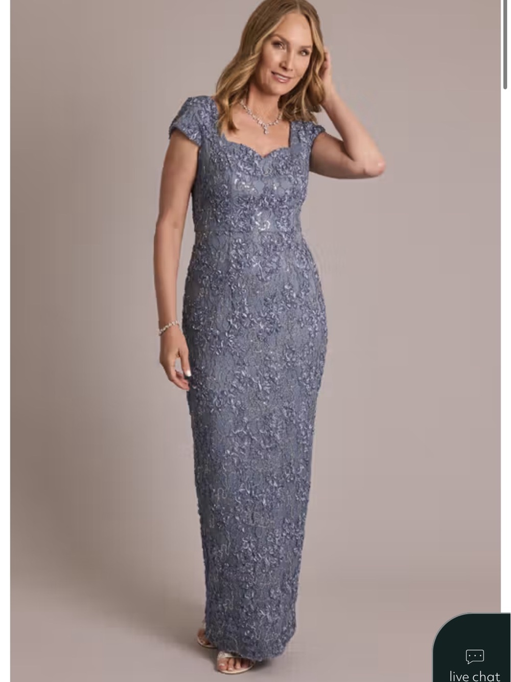 Oleg Cassini Slate Blue Lace Cap-Sleeve Column Gown